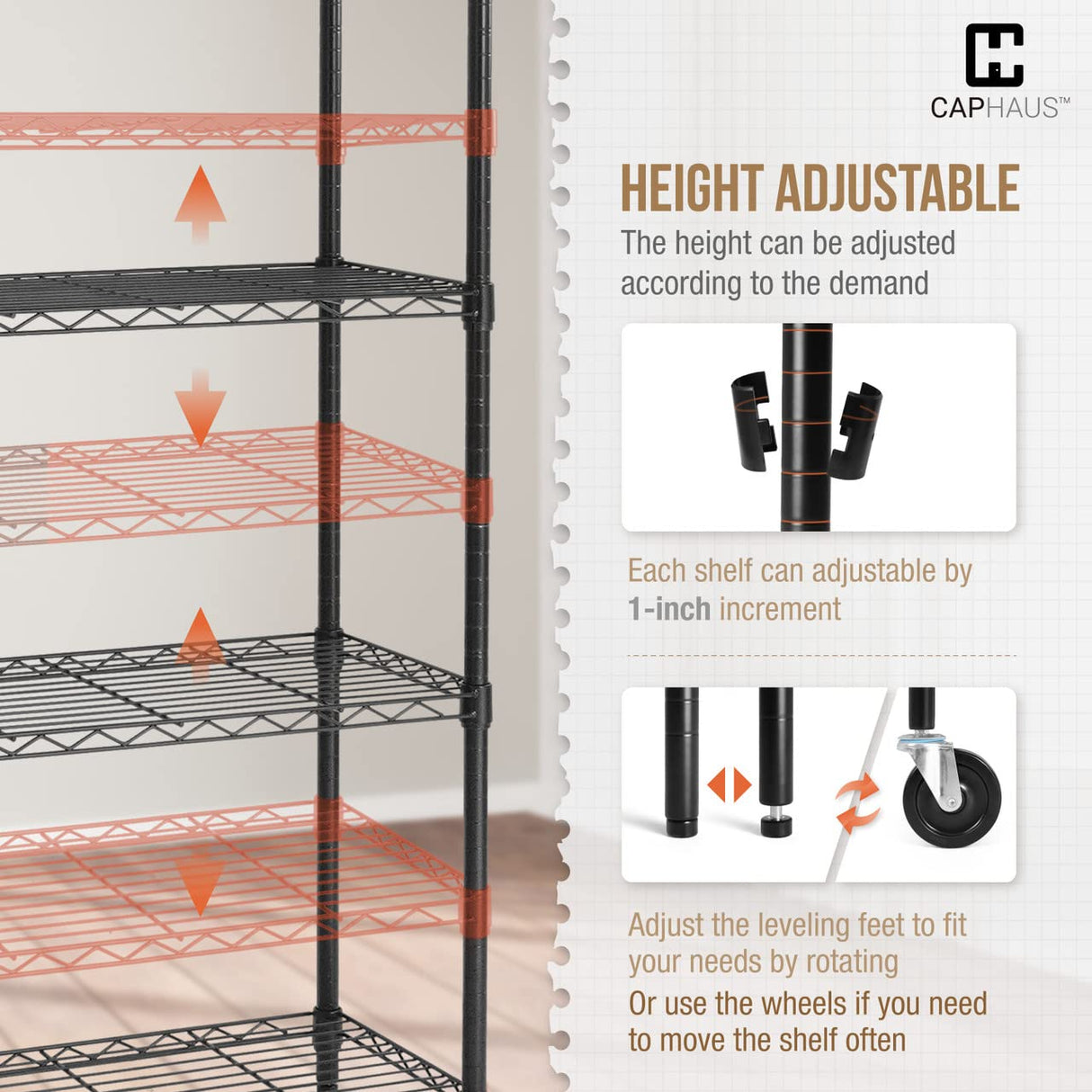 CAPHAUS NSF Commercial Heavy Duty 4 Tier Wire Shelving w/Two Trapezoid Baskets, Wheels, Leveling Feet, Storage Metal Shelf, Basement Garage Shelving Storage, Utility Wire Rack Storage Shelving Black CAPHAUS