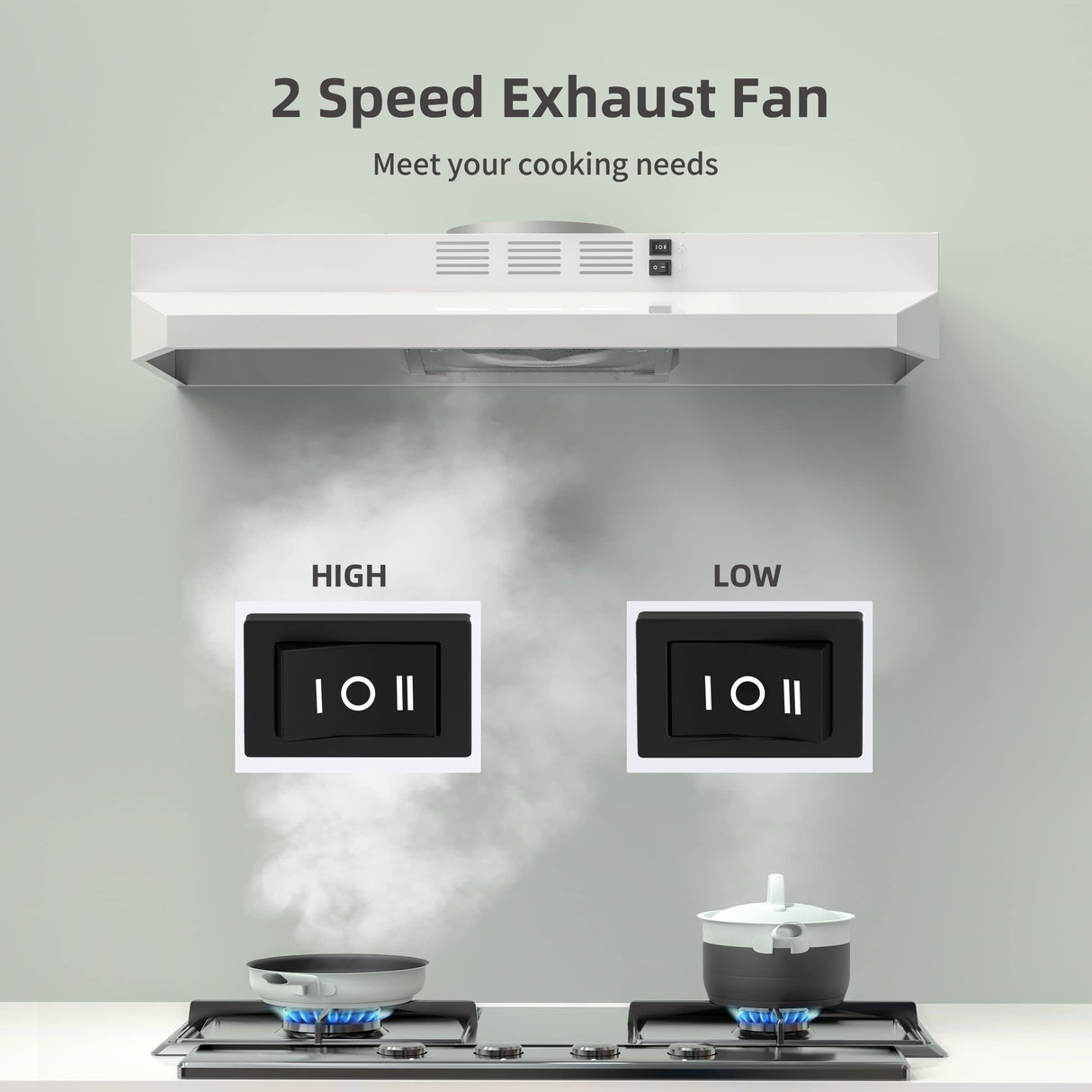 FIREGAS Range Hood 30 inch Under Cabinet Range Hood with 2 Speed Exhaust Fan,Ducted/Ductless Convertible,Rocker Button Control,300 CFM, White Vent Hood Aluminum Filter Included FIREGAS