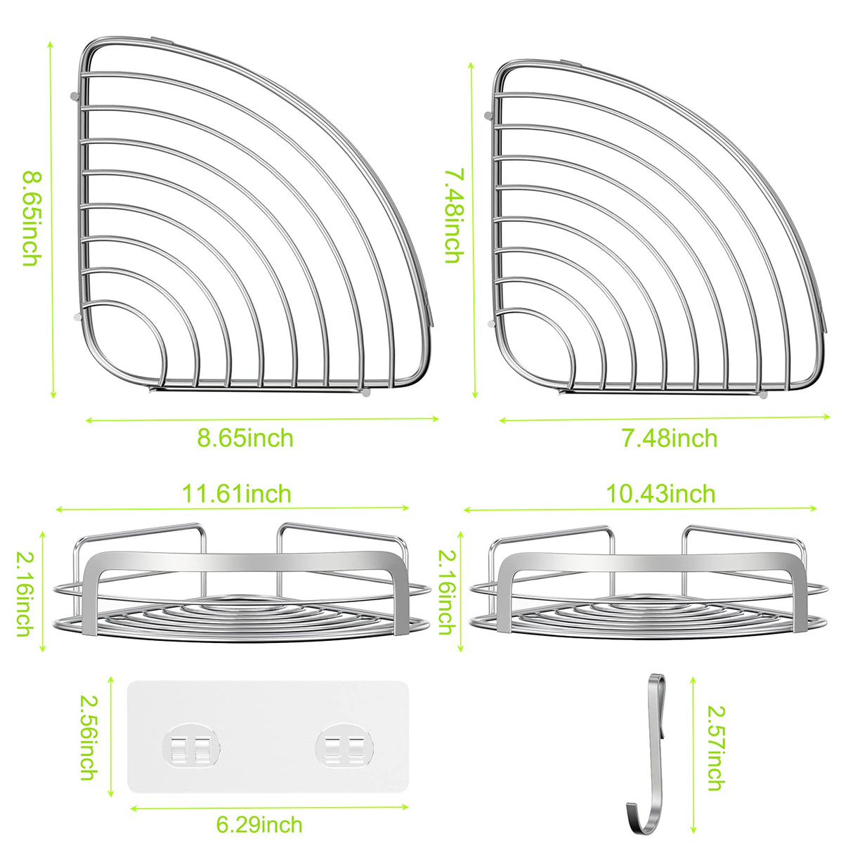 STEUGO 2 Pack Shower Caddy Corner, Bathroom Corner Shower Shelfs, Adhesive Wall Mounted Shower Caddy with 4 Movable Hooks, No Drilling Shower Shelf, Stainless Steel Silver. STEUGO