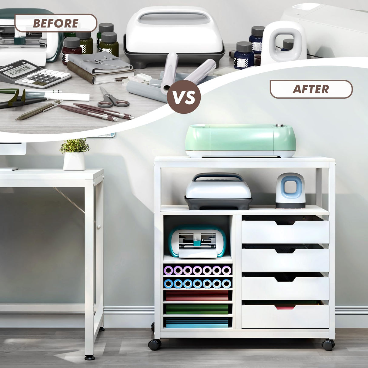 TC-HOMENY Craft Organizer Storage Cart, Rolling Cart Organizer, Vinyl Roll Holder and Cutting Machine Storage Cabinet, Craft Cart with Drawers for Craft Room 32" W x 16" D x 34" H TC-HOMENY