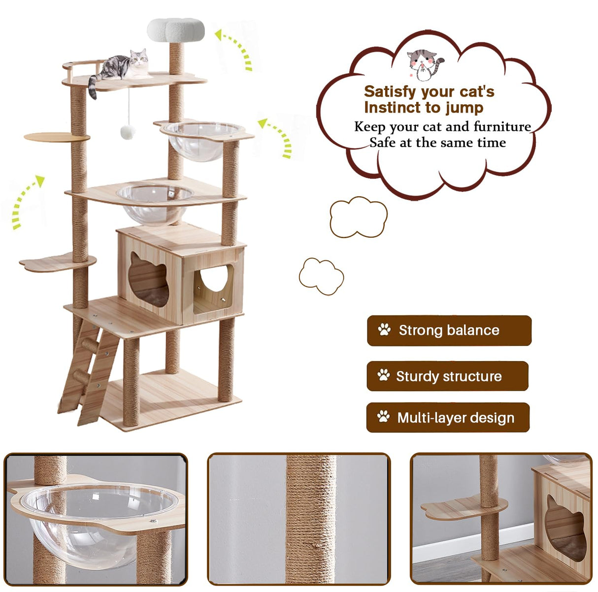 67-Inch Cat Tree for Indoor Cats Large Adult,Cat Tree Tower with Condo, Cat Stairs, 2 Bowl,14 Sisal Scratching Posts, Top Perch, with Padded Platform Bed,Toy Balls,Larg Large cat Tree.B12 Yinanroa