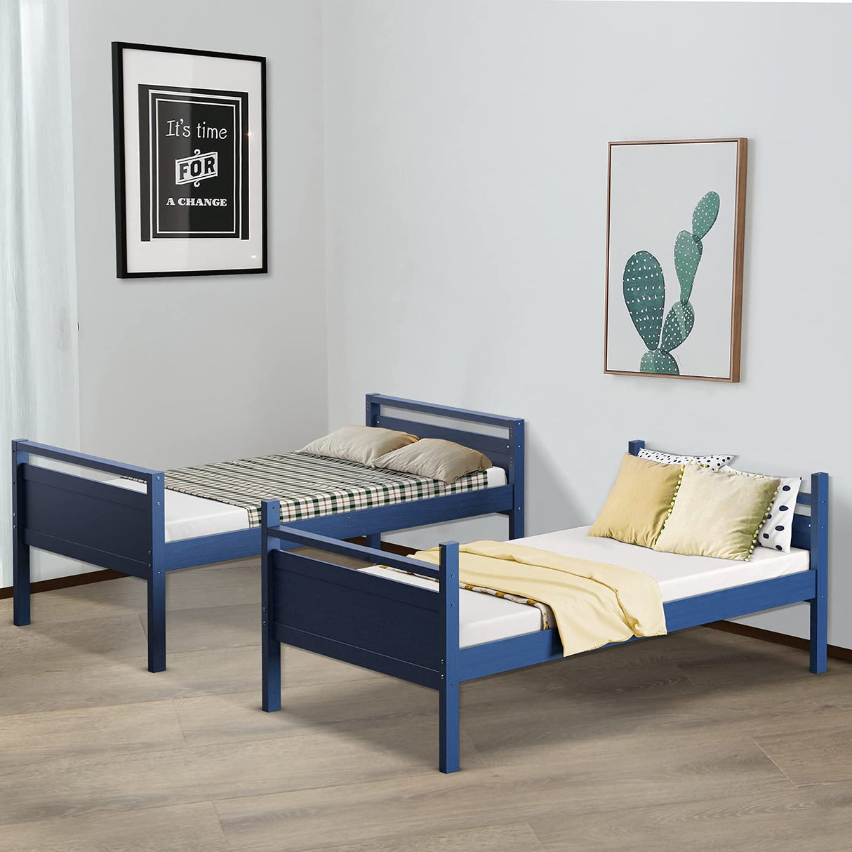 Costzon Twin-Over-Twin Wood Bunk Bed, 2-in-1 Convertible Space-Saving Bunk Bed for Bedroom Dorm Guest Room, Heavy Duty Bed Frame w/Inclined Ladder & Safety Guardrails for Kids Teens Adults (Navy) Costzon