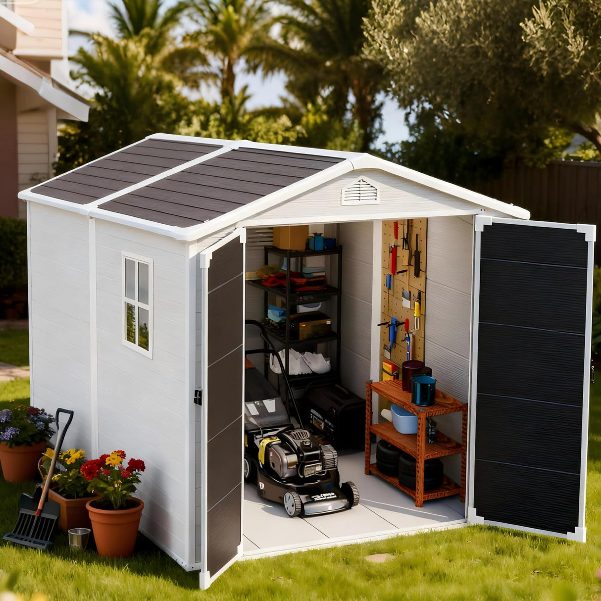 RichFire 6x8 FT Plastic Resin Shed with Floor, All-Weather Storage Sheds Outdoor with Floor and Window Easy to Install, Large Plastic Sheds & Outdoor Storage for Garden Backyard Patio, Dove Grey RichFire