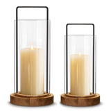 Houmury Set of 2 Hurricane Candle Holders Lantern 12” & 10”with Wood Base Metal Handle Glass Cylinder Modern Farmhouse Decor for Home Decoration, Table Centerpieces Houmury