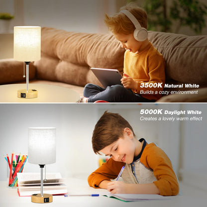 Small Bedside Lamp for Bedroom Nightstand - Table Lamp with USB C and A Port, Pull Chain Bed Lamp with AC Outlet, Nightstand Lamp with Wood Base for Kids Reading, Desk Lamp for Living Room/Dorm Room