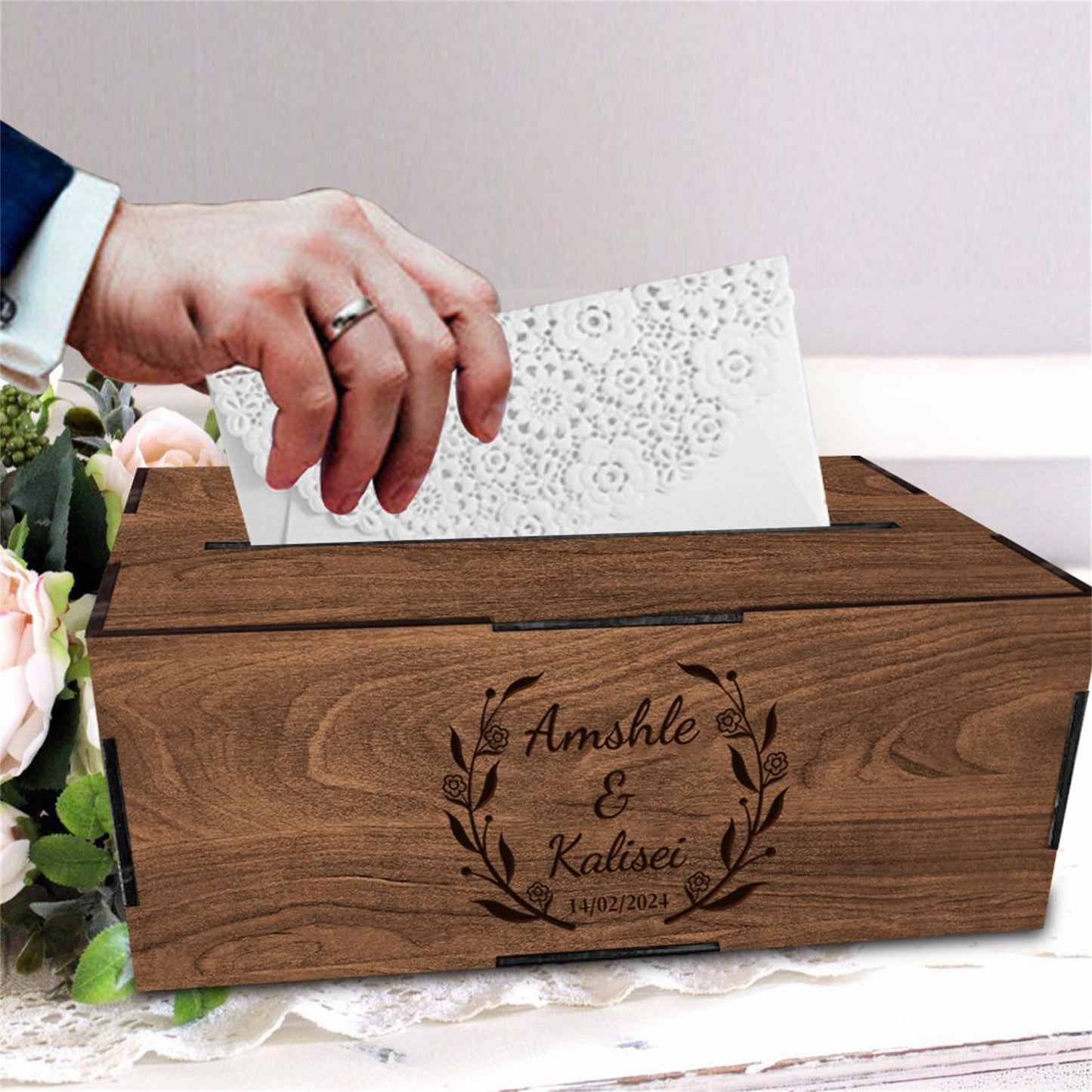 Personalized Wooden Card Box for Wedding Reception Decor Custom Wooden Wedding Card Box Holder with Slot Wedding Money Box Holder with Name and Date - WoodArtSupply