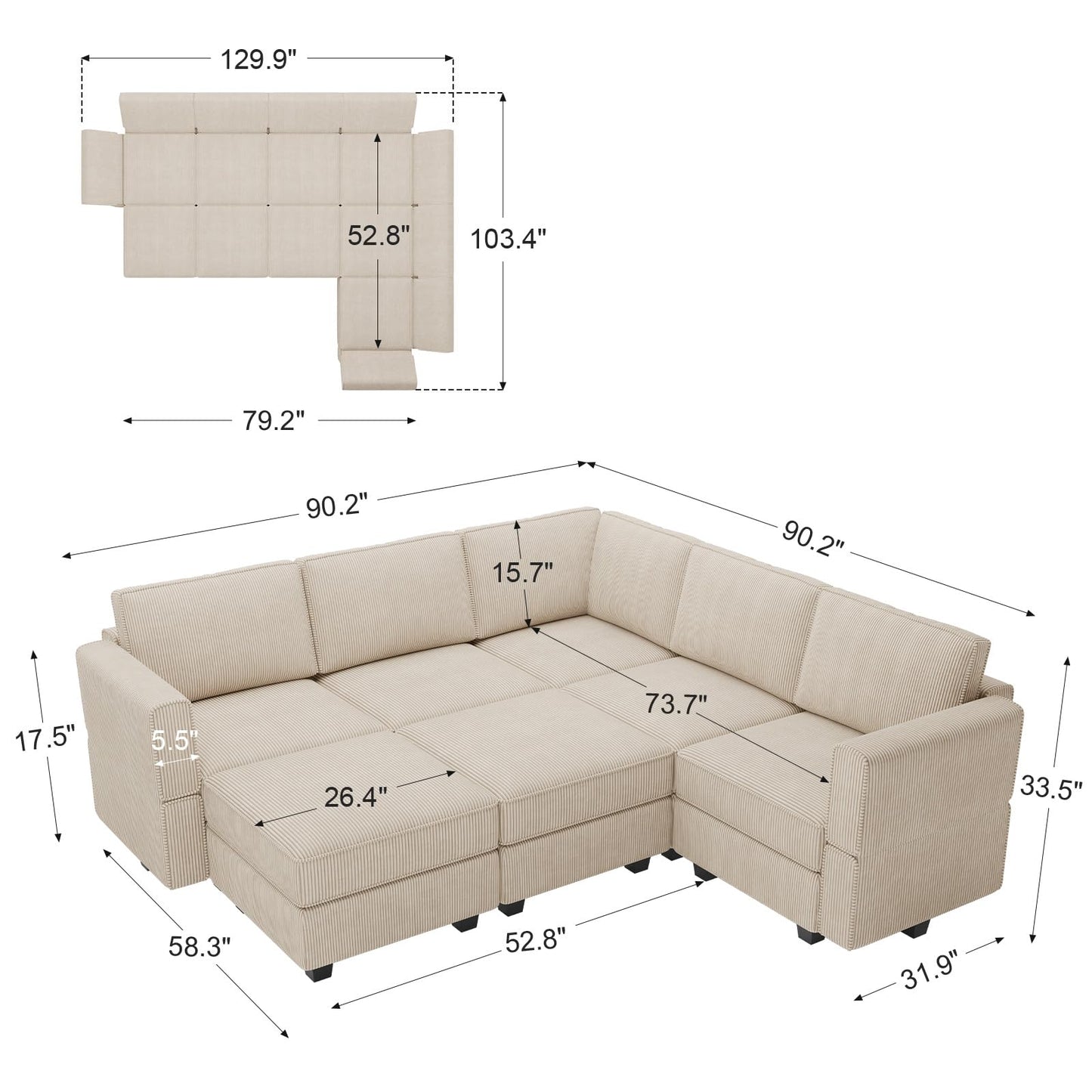 Belffin Modular Sectional Sofa with Storage Ottoman Seats, Corduroy Oversized Convertible Modular Sofa Bed Sectional Couch for Living Room, Beige