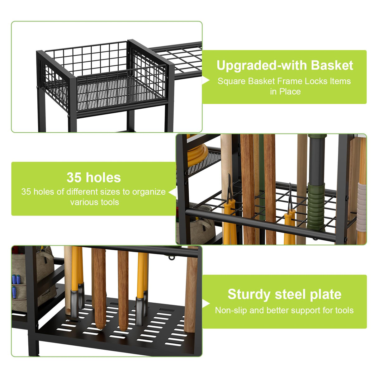 keomaisyto Garden Tool Organizer With Basket - 3 Tier Yard Storage Rack for Garage Organization, Heavy Duty Holder With 35 Long-Handled Slots for Shed, Yard, Garage keomaisyto