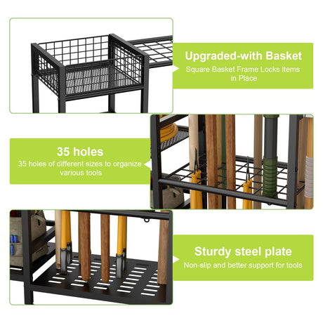 keomaisyto Garden Tool Organizer With Basket - 3 Tier Yard Storage Rack for Garage Organization, Heavy Duty Holder With 35 Long-Handled Slots for Shed, Yard, Garage keomaisyto