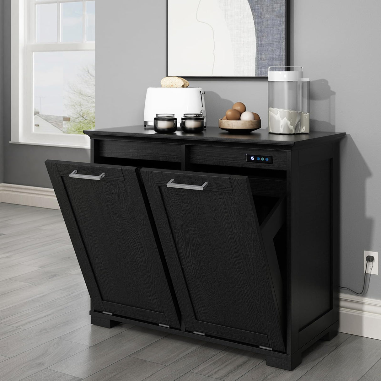 OLD CAPTAIN Double Tilt Out Trash Cabinet, Wooden Kitchen Garbage Can Free Standing Holder, Black Finish OLD CAPTAIN
