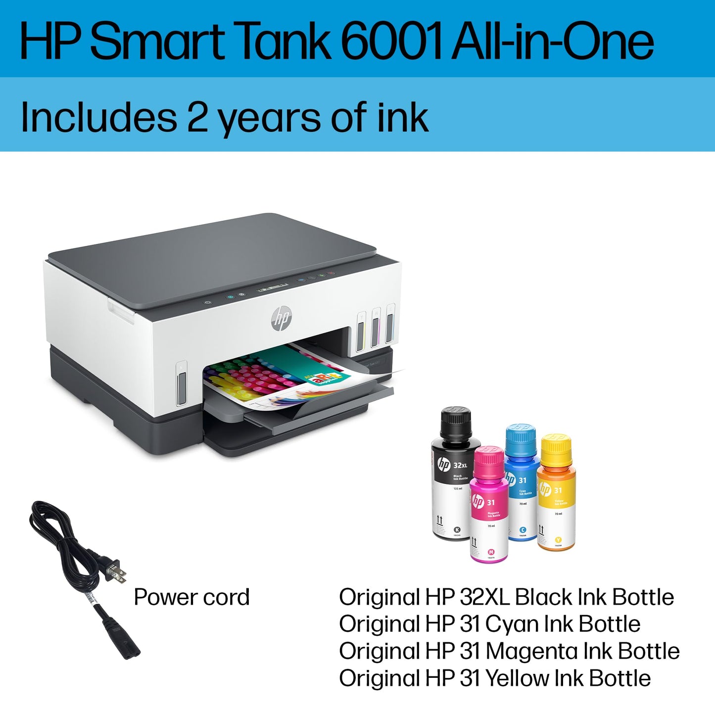 HP Smart -Tank 6001 Wireless Cartridge-Free all in one printer, this ink -tank printer comes with up to 2 years of ink included, with mobile print, scan, copy (2H0B9A)