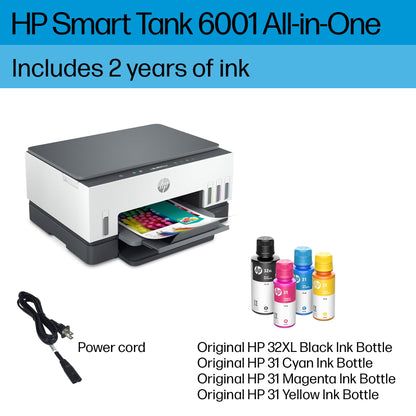 HP Smart -Tank 6001 Wireless Cartridge-Free all in one printer, this ink -tank printer comes with up to 2 years of ink included, with mobile print, scan, copy (2H0B9A)