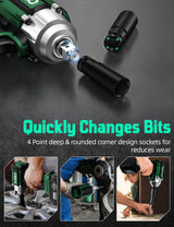 KIMO Impact Wrench 1/2 Cordless,550N.m/406ft-lbs Max Torque & 3000RPM, 2x20V 4.0Ah Battery, Impact Gun with 7 Drive Impact Sockets, 3 Inch Extension Bar, 1 Hour Fast Charger Impact Drill for Car Tires K I M O.