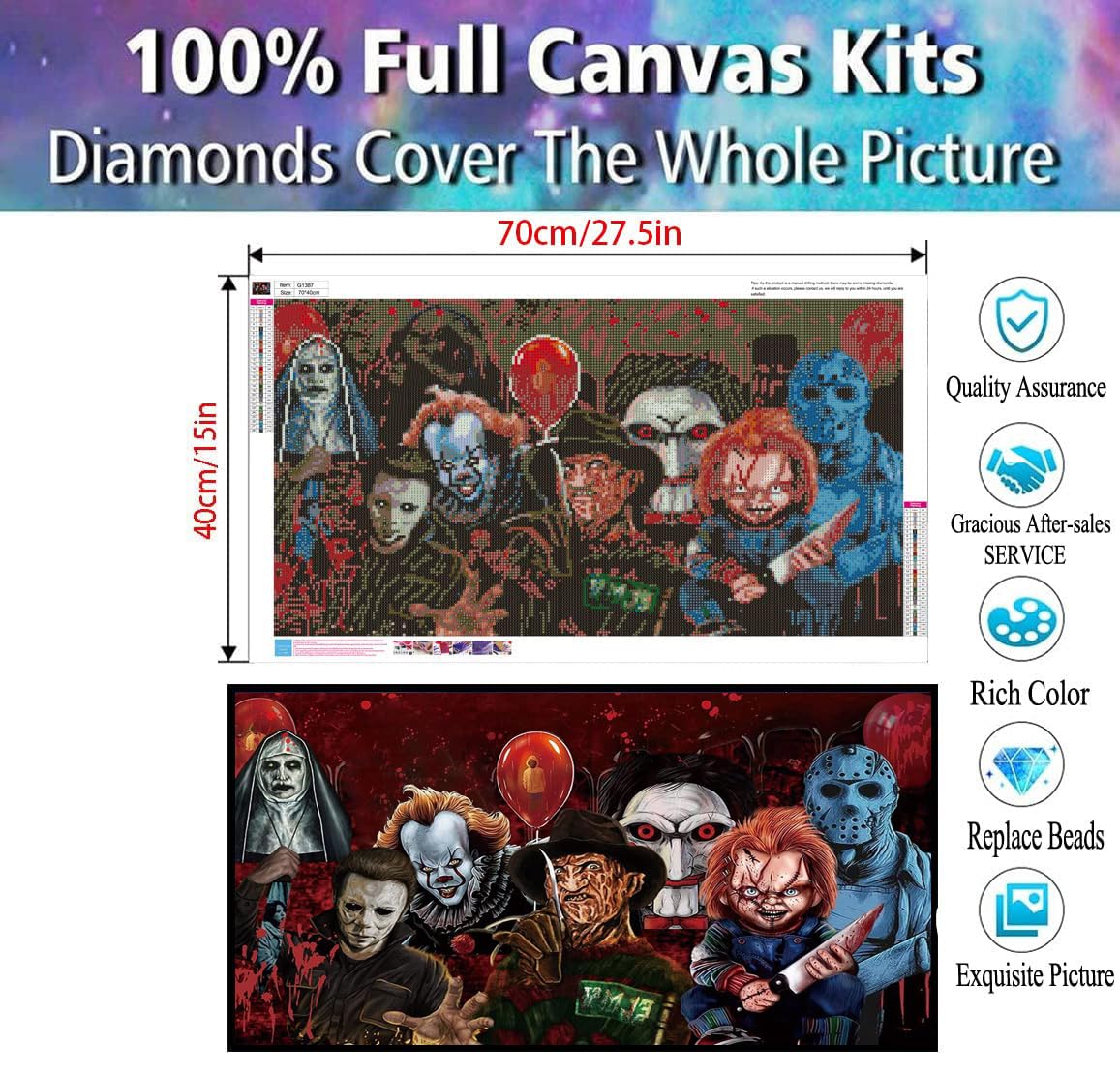 KYOQFVN Halloween Diamond Painting Kits for Adults,5D Full Round Diamond Halloween Clown Diamond Art Kit, Large Dots Diamond Painting for Beginners, DIY Beads for Home Wall Decor, 27.5" x 15" KYOQFVN