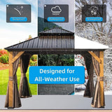 LPP-AWH 12'x14' Hardtop Gazebo with Cedar Wood Frame,Galvanized Steel Double Roof Gazebo Pavilion with Curtains and Netting - Outdoor Permanent Gazebo Canopy for Garden & Backyard (Brown) LPP-AWH