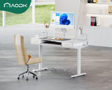 AODK White Standing Desk with 2 Drawers & Keyboard Tray and USB & LED Lights, Height Adjustable Desk 47 Inch with Power Outlets & LED Lights, Stand Up Desk with Monitor Shelf AODK
