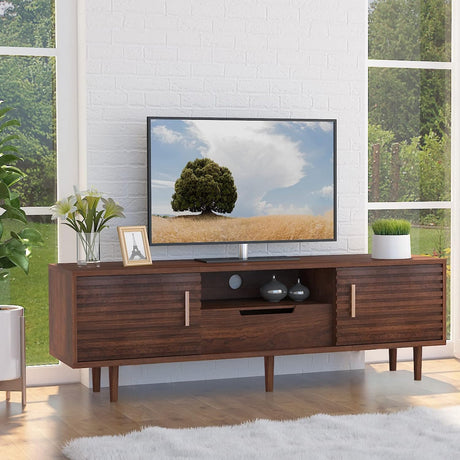 Whalefall Mid Century TV Stand for 65+ Inch TV, Entertainment Center with Sliding Door, Drawer, Storage Shelves, Mid Century Modern Media TV Console, Boho Television Stand for Living Room (59",Brown) Whalefall
