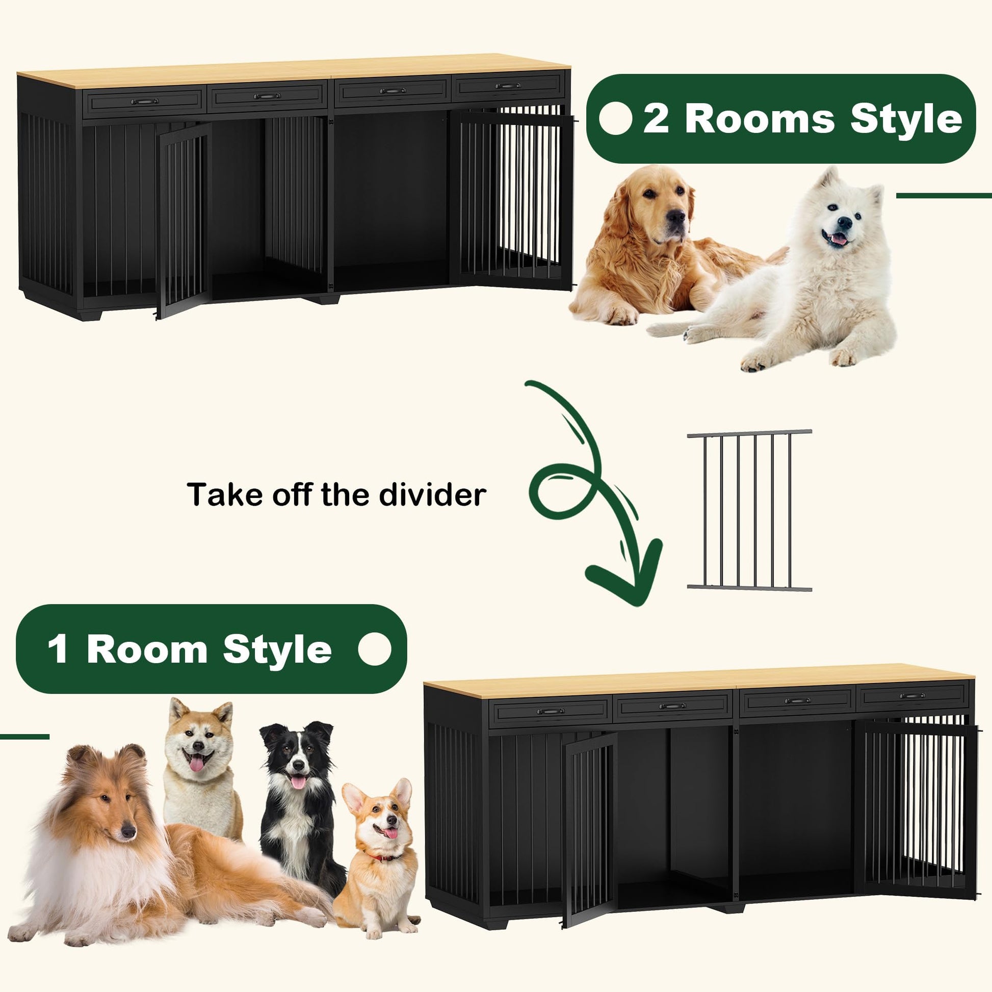 DAWNSPACES Extra Large Dog Crate Furniture, 93 Inch Heavy Duty Wooden Dog Kennel with Drawers & Removable Divider, Indoor Furniture Style Luxury Double Rooms Dog House for XL Large Dogs, Blac - WoodArtSupply