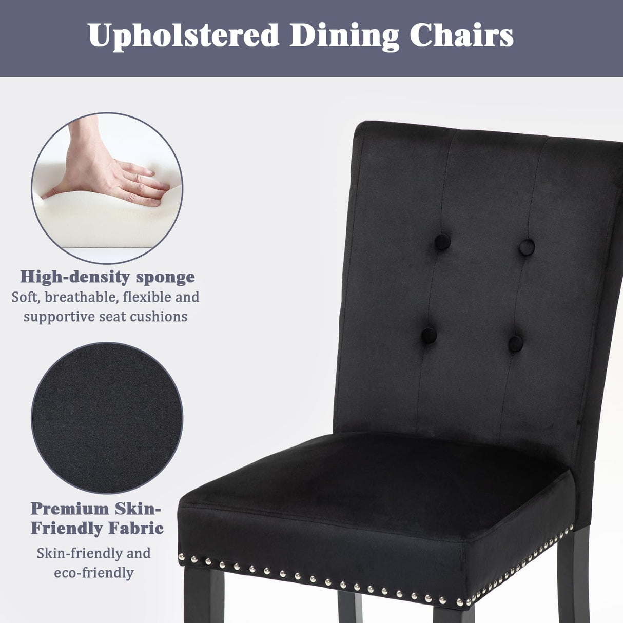 VDAOQVG Upholstered Velvet Dining Room Chairs Set of 2 for Dining Room, Set of 2 Kitchen Chairs with Gold Nailhead and Metal Ring Upholstery, Solid Wood Dining Chairs Set of 2 for Restaurant (Black) VDAOQVG