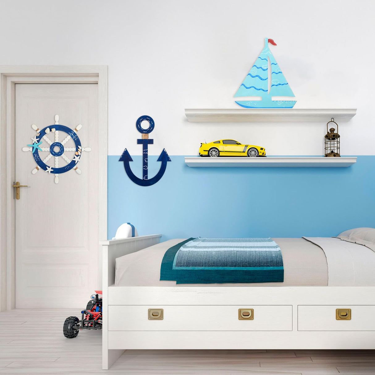 Burbell 6 Pack Large 11 Inches Unfinished Nautical Wood Cutouts for Crafts Unfinished Wooden Anchor Ship Wheel Boat for DIY Projects Nautical Party Decorations Burbell