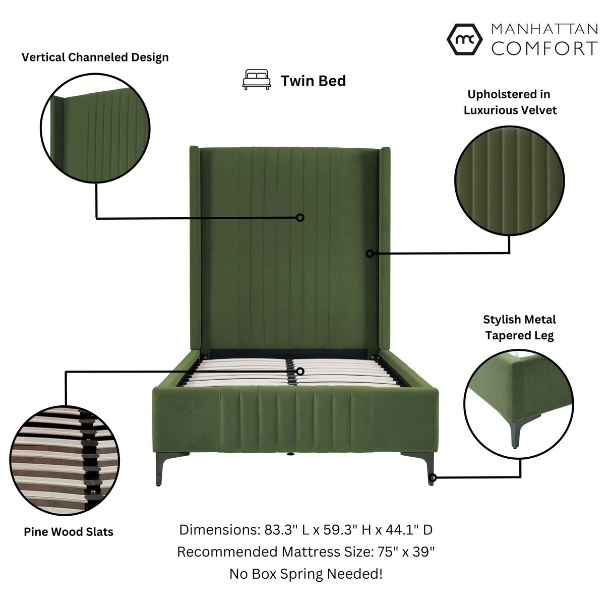Manhattan Comfort Promenade Mid-Century Modern Velvet Upholstered Twin-Size Bed Frame - Luxurious Foam Padding, No Box Spring Needed, Stylish Vertical Stitched Headboard, Moss Green Manhattan Comfort