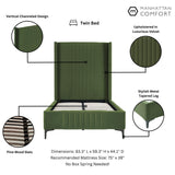 Manhattan Comfort Promenade Mid-Century Modern Velvet Upholstered Twin-Size Bed Frame - Luxurious Foam Padding, No Box Spring Needed, Stylish Vertical Stitched Headboard, Moss Green Manhattan Comfort