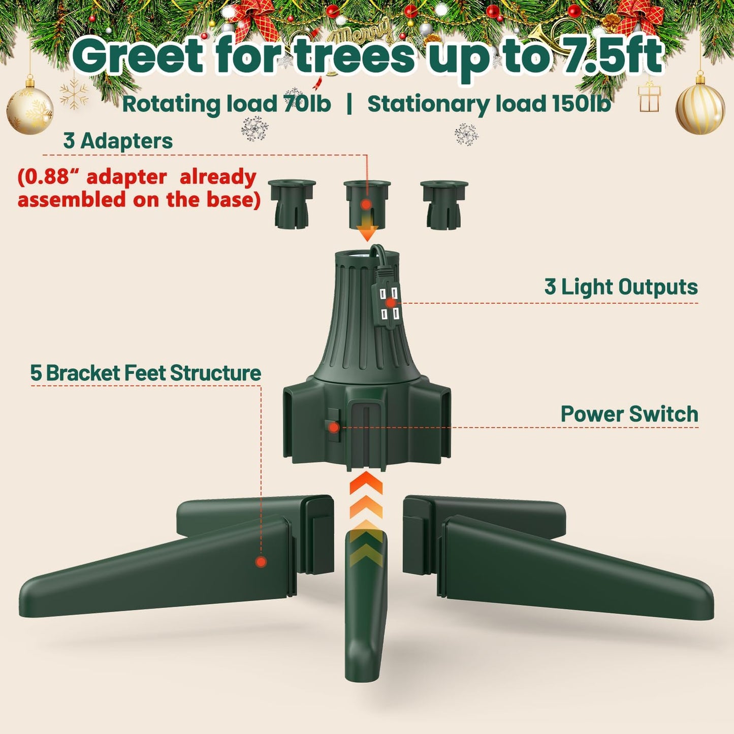 CreiYuan Rotating Christmas Tree Stand, Thickened ABS, Sturdy 5-Legged Design, Includes 3 Adapters & Sockets, Supports up to 7.8ft Rotating Tree Stand for Artificial Christmas Tree