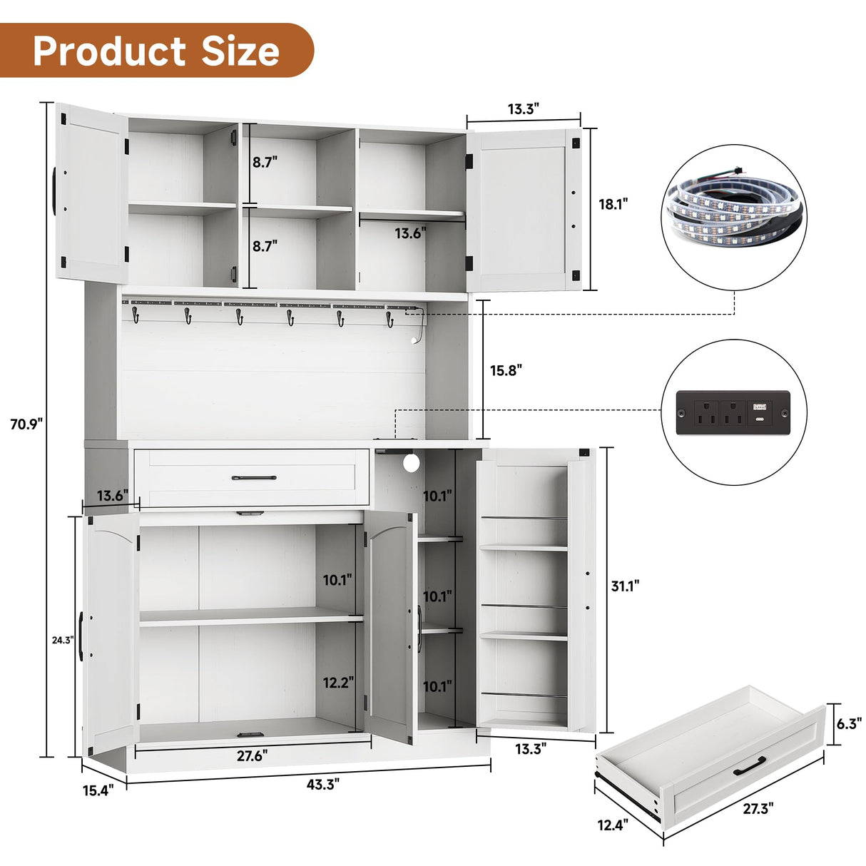 Lefurture 71” Tall Kitchen Pantry Cabinet with LED Light & Outlet & Drawer, Pantry Storage Cabinet with Microwave Shelf & 6 Hooks, Kitchen Hutch with Door Shelves & Adjustable Shelves, for Dining Room Lefurture