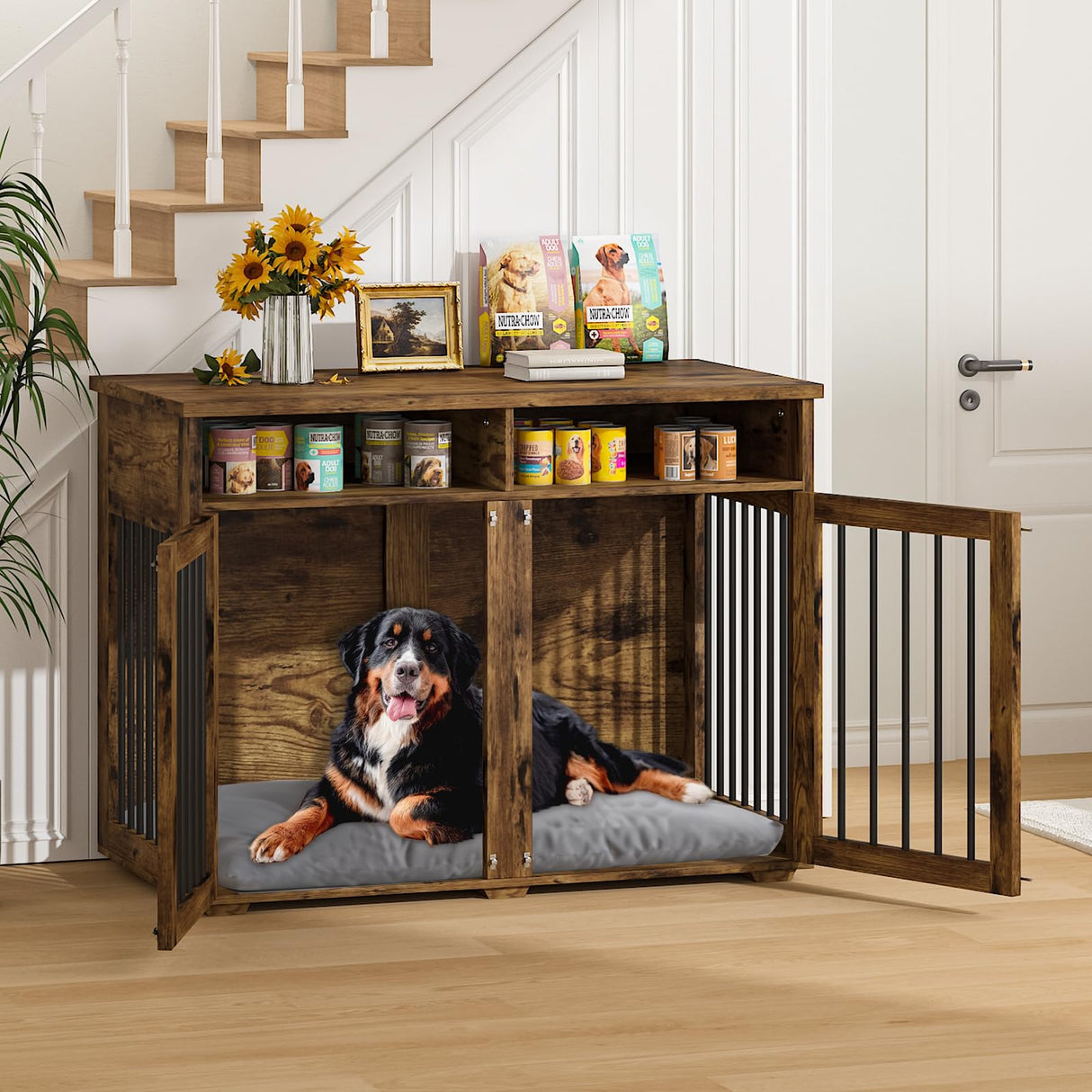 Dog Crate Furniture for 2 Dogs, 41 inch Dog Kennel Furniture with Removable Divider and Shelf Storage, Wooden Indoor Dog Crate for Large/Medium/Small Dogs, Rustic Brown, Farmhouse REVOMINCA