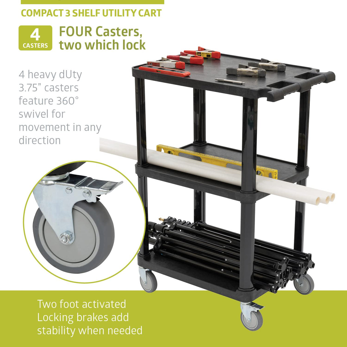 Pearington 3-Tier Compact Multi-Purpose Plastic Utility Cart with Lockable Wheels up to 300LBS, Black Pearington