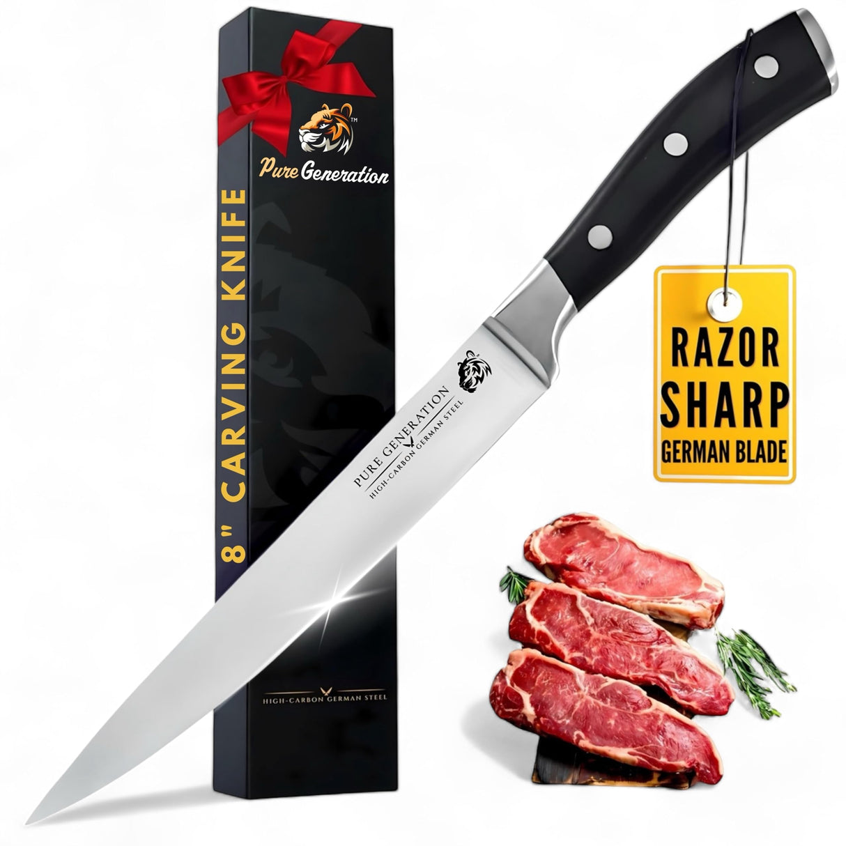 Pure Generation 8" Carving Knife - Brisket Knife, Razor Sharp German Steel BBQ Meat Slicing Knife for Turkey, Ham & Fruit with Ergonomic Handle Pure Generation