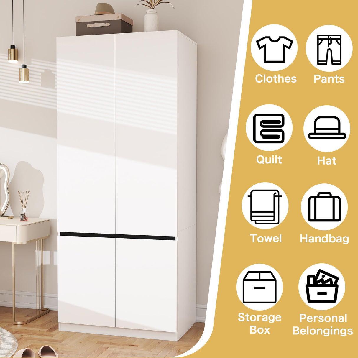 LABROSKIA White Armoire Wardrobe Closet: 74" Wooden Wardrobe Closet with 2 Doors, Bedroom Armoires with Hanging Rod, Tall Closets Cabinet for Hanging Clothes (31.5") LABROSKIA