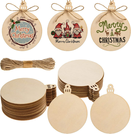 200 Pcs Wooden Christmas Ornaments, Unfinished Wooden Circles with Holes, Round Wood Discs Slices for Crafts, Round Wood Slices with Twine for DIY Sign Present Tags Christmas Party Hanging Decoration