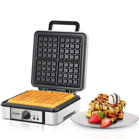 FOHERE Belgian Waffle Maker 4 Slices, 1200W Square Waffle Iron, 5 Browning Levels, Nonstick Plates, Cool-touch Handle, Anti-scald, Anti-overflow, Indicator Lights, Recipe, White FOHERE