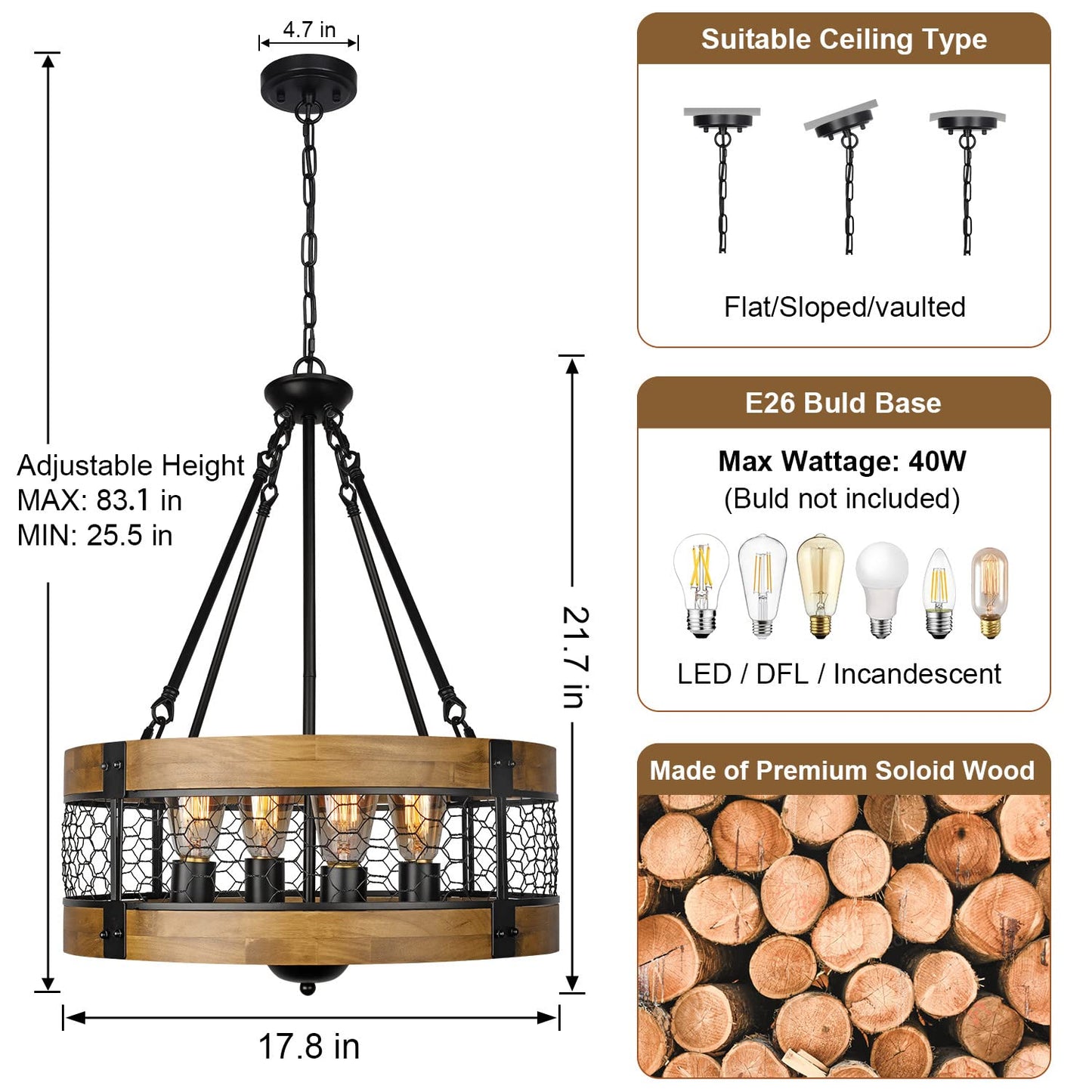 Sigaitwei Wood Farmhouse Chandelier Rustic Light Fixture, 4-Light Round Chandelier for Dining Room Entryway Kitchen Island Foyer,Vintage Wood and Metal Honeycomb Grid Finish