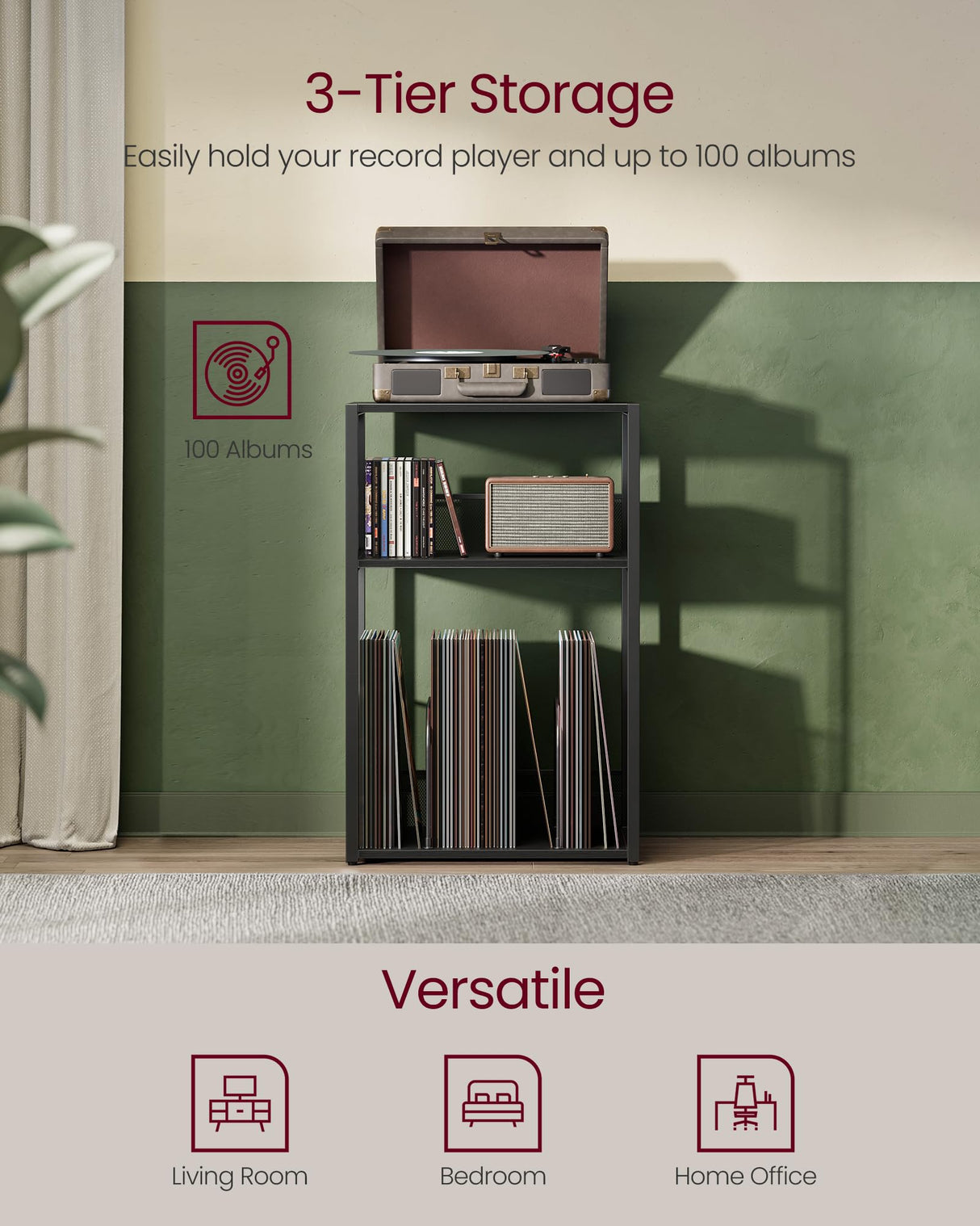 VASAGLE Record Player Stand, 3-Tier Side Table, Vinyl Record Storage up to 100 Albums, End Table for Living Room, Bedroom, Ebony Black ULET275B01 VASAGLE