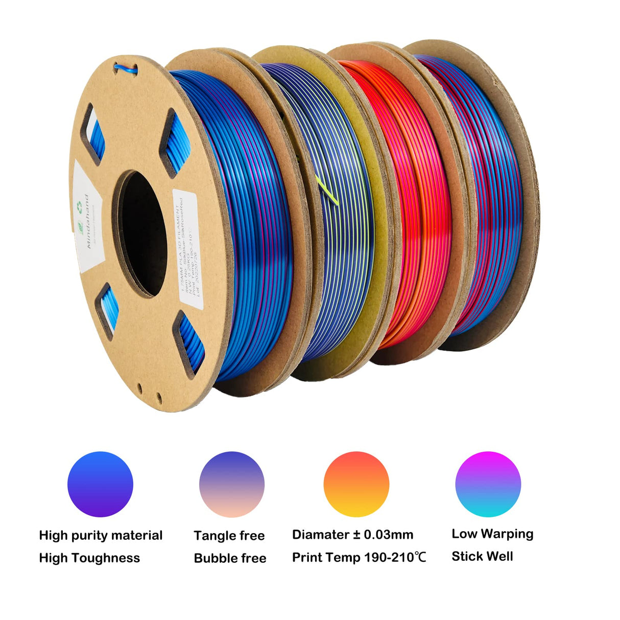 【MINDAHAND Dual-Color Silk PLA Filament Set】 1.75mm 3D Printer Filament 4 Rolls × 250g, Shiny Gradient, No Clogging, No Bubbles, High Precision, Smooth Printing, Compatible with FDM 3D Printers MINDAHAND