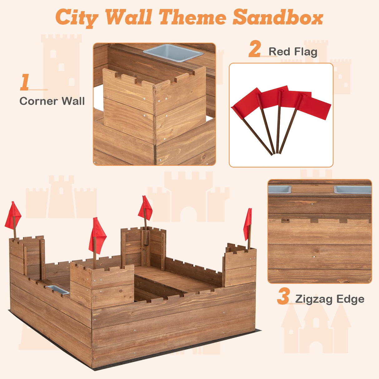 HONEY JOY Sandbox with Sand Wall, Cedar Bottomless Sand Pit for Backyard, 4 Red Flags & Bottom Liner, Side Bench & 2 Boxes, Wooden Sand Boxes for Kids Outdoor, Gift for Boys Girls HONEY JOY