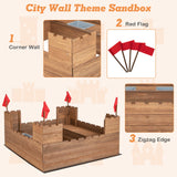 HONEY JOY Sandbox with Sand Wall, Cedar Bottomless Sand Pit for Backyard, 4 Red Flags & Bottom Liner, Side Bench & 2 Boxes, Wooden Sand Boxes for Kids Outdoor, Gift for Boys Girls HONEY JOY