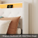 Vabches Full Size Bed Frame with Headboard & 4 Drawers, Upholstered Velvet Bed Frame with Charging Station and LED Light, Platform Wingback Storage Metal Bed, Beige Vabches