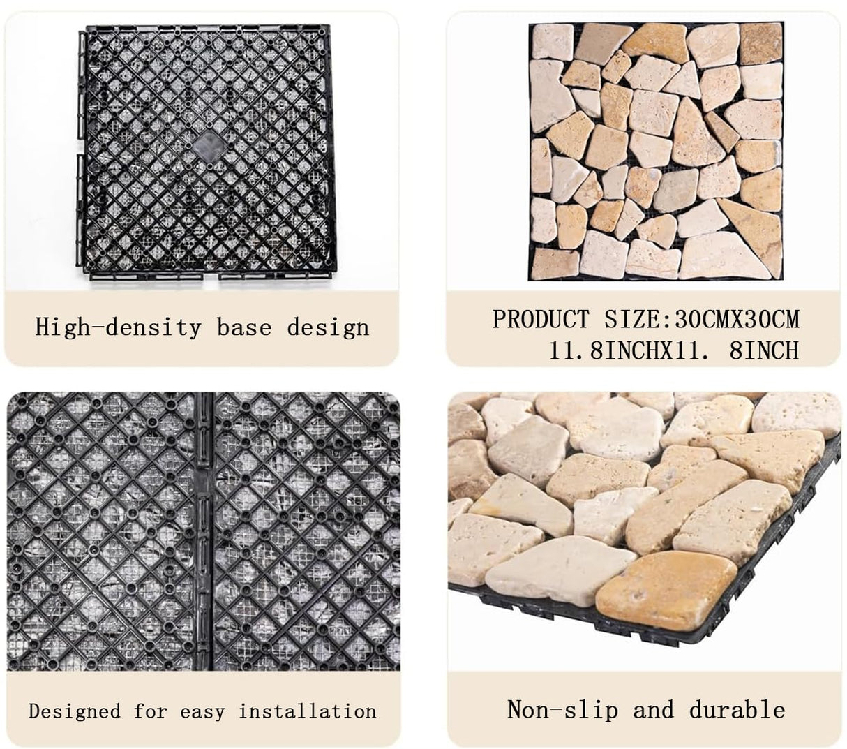 Decking Natural Pebble Interlocking Floor Patio Tiles, Indoor & Outdoor Interlocking Tiles 12"x12" 6pcs - A Great Upgrade Option for Garden Patio Path (Khaki) TEASFUSION