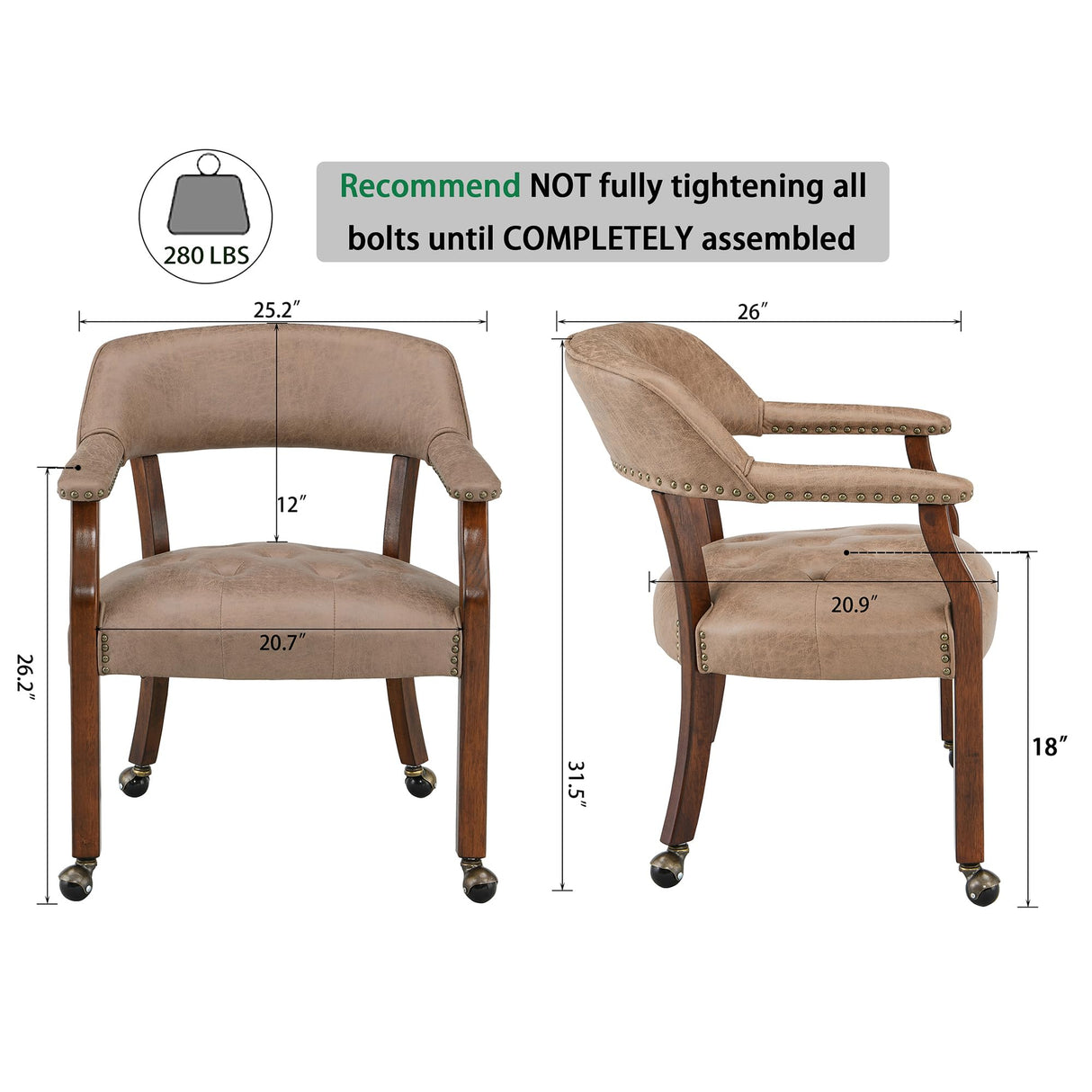 LEEMTORIG Dining Chairs with Casters and Arms, Rolling Dining Chairs with Wheels, Solid Wood Office Desk Chairs, 26“Dx25.2 Wx31.5“H, Cherry Legs & Yellowish Brown Fabric SY-1533-LT LEEMTORIG