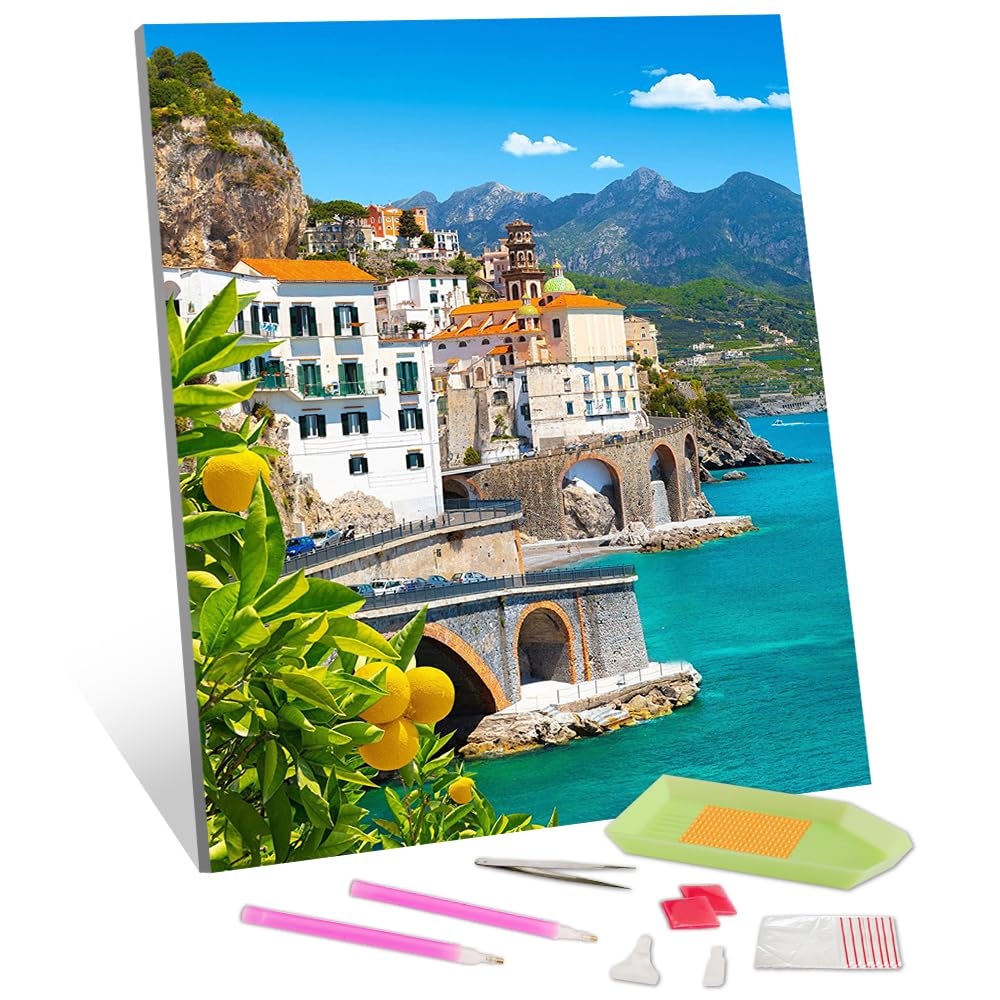 TISHIRON Diamond Art Kits for Adults Full Drill View of Amalfi Diamond Art Kits for Beginners 5D Diamond Art Kits Italian Seascape Diamond Art Kits Picture for Home Wall Art Decor 30x40cm TISHIRON