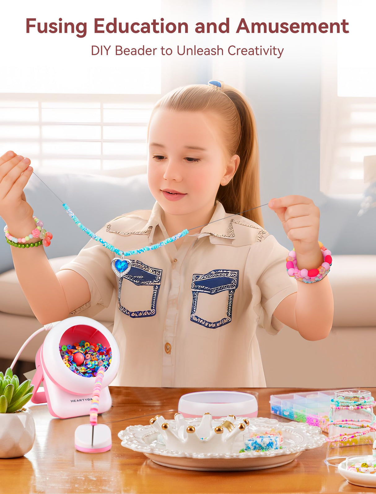 Electric Bead Spinner for Jewelry Making, Clay Bead Spinner [Forward/Reverse Rotation, Adjustable/Fast Speed] with 2 Big Eye Needles, Beading Supplies for Bracelets, Necklaces, Waist Beads-Pink heartybay