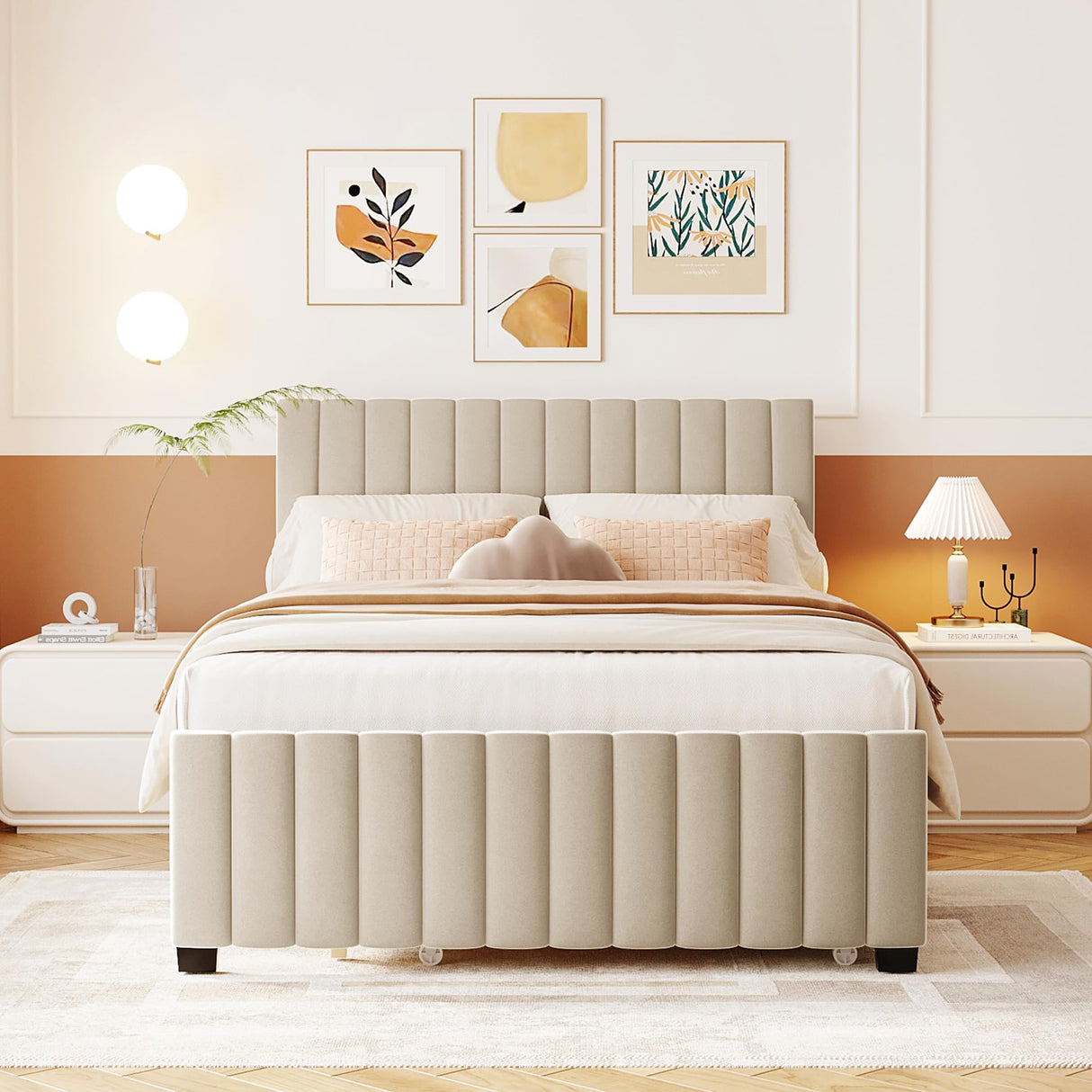 Full Bed Frame with Trundle Bed,Velvet Upholstered Platform Bed Frame,Full Size Trundle Bed with Headboard for Kids Teens Adults(Beige) Bellemave