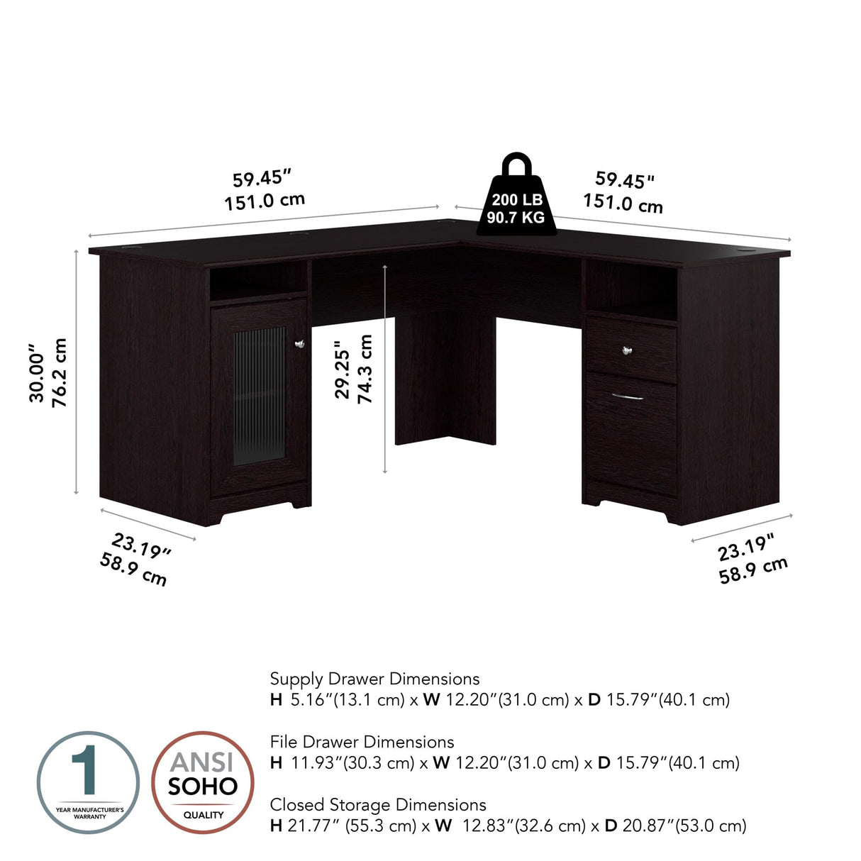 Bush Furniture Cabot 60W L Shaped Computer Desk in Espresso Oak Bush Business Furniture