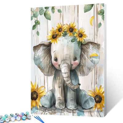 Aihonmin Baby Elephant DIY Paint by Numbers for Adults Beautiful Sunflowers DIY Oil Painting Acrylic Paint Art Vintage Style Painting Kit Canvas with Acrylic Paints Art 16x20 Inch(Frameless)