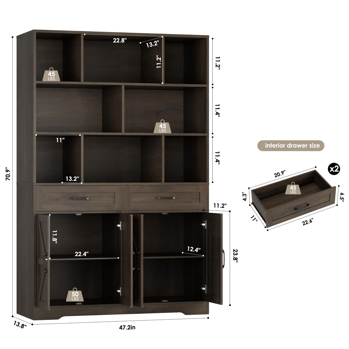 HOSTACK 71" Tall Bookcase with Drawer and Door, 47" Wide Book Shelf and Bookcase with Storage, 6 Tier Large Book Storage Cabinet with 14" Deep Display Shelves for Living Room, Home Office, Dark Brown HOSTACK
