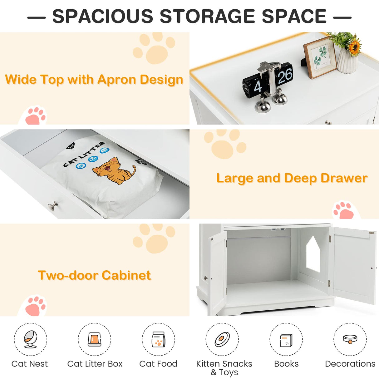 Tangkula Litter Box Enclosure, Cat Litter Box Furniture Hidden with Large Drawer, 2 Doors, Indoor Cat Washroom Storage Bench Side Table Cat House, Large Wooden Enclosed Litter Box Cabinet (White) Tangkula