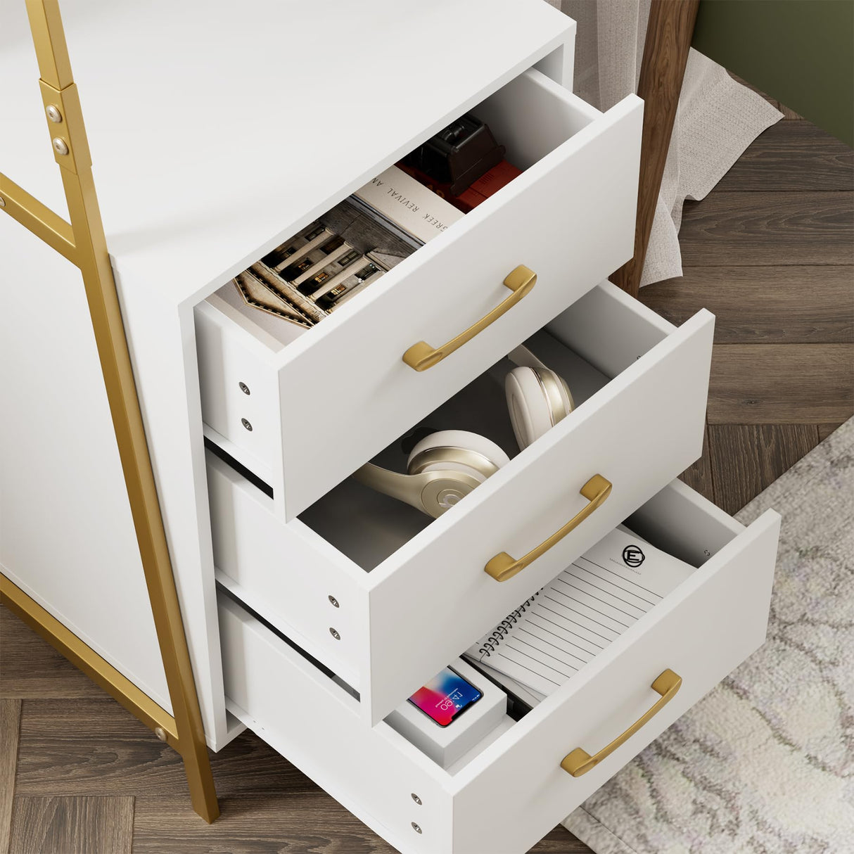 HITHOS 4-Tier Bookshelf, Tall Bookcase with 3 Wooden Drawers, Modern Ladder Book Shlef Storage Organizer for Living Room, Entryway, Office, White Gold HITHOS